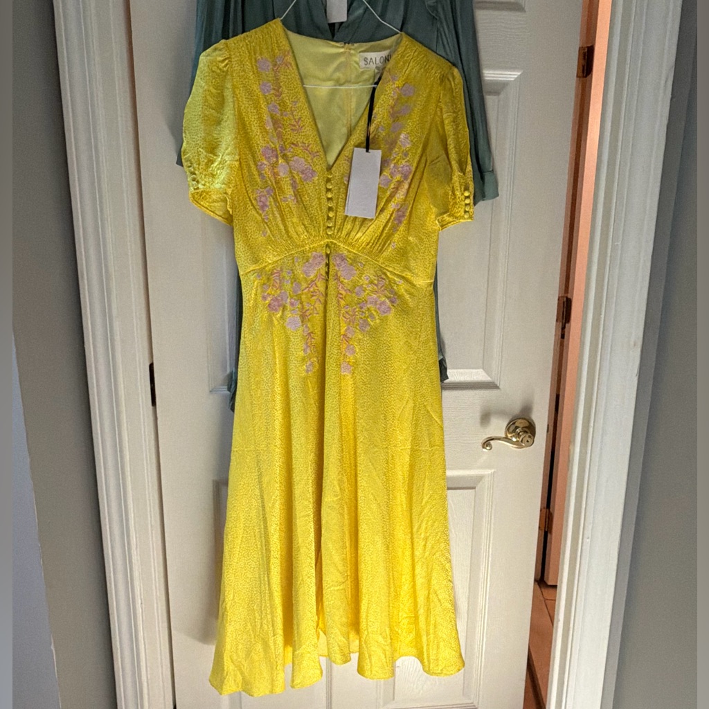 Nwt Saloni Lea Embroidered Midi Dress Yellow Floral Silk Blend Size 10